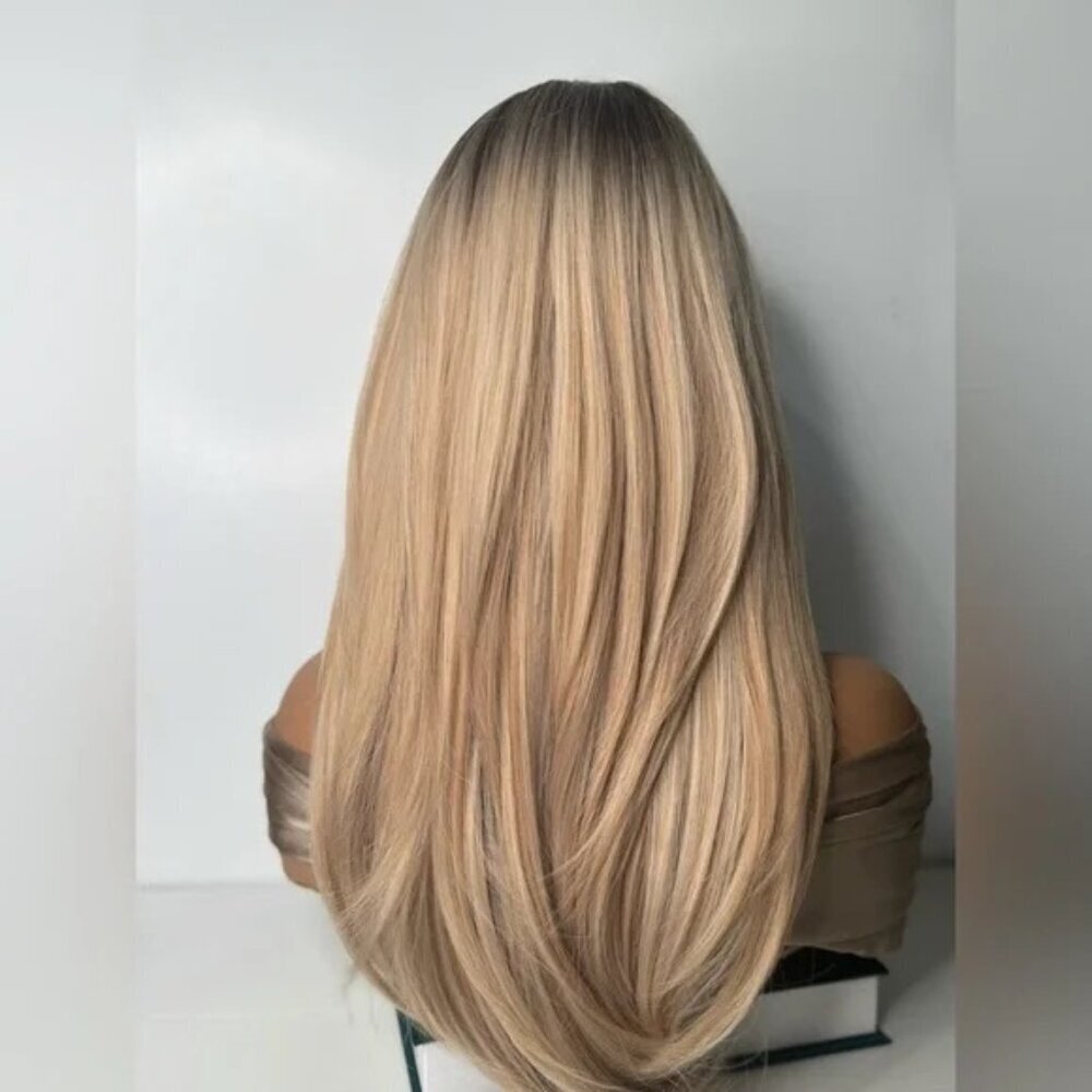 Beautiful 24 Inch Straight Blonde Layered hair Wig With Curtain Bangs Dark Roots - Picture 6 of 9